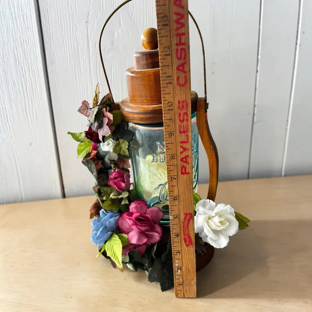 Vintage Handmade Wood Candle Lantern Aqua Perfect Mason Jar Silk Flowers